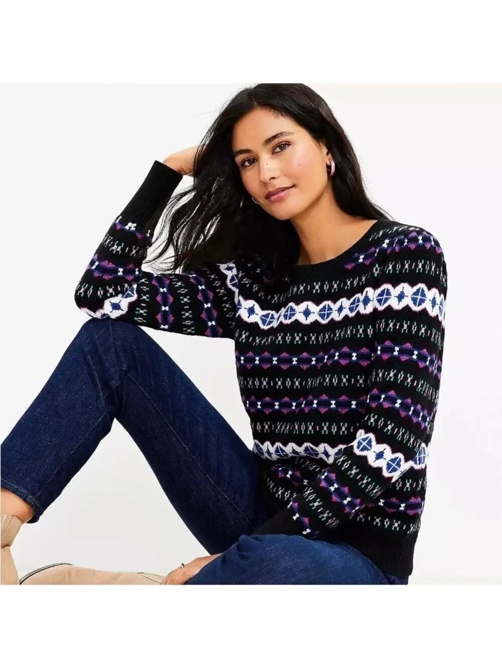 LOFT Holidays Christmas Sweater Long Sleeve Black Multi Color Size XS